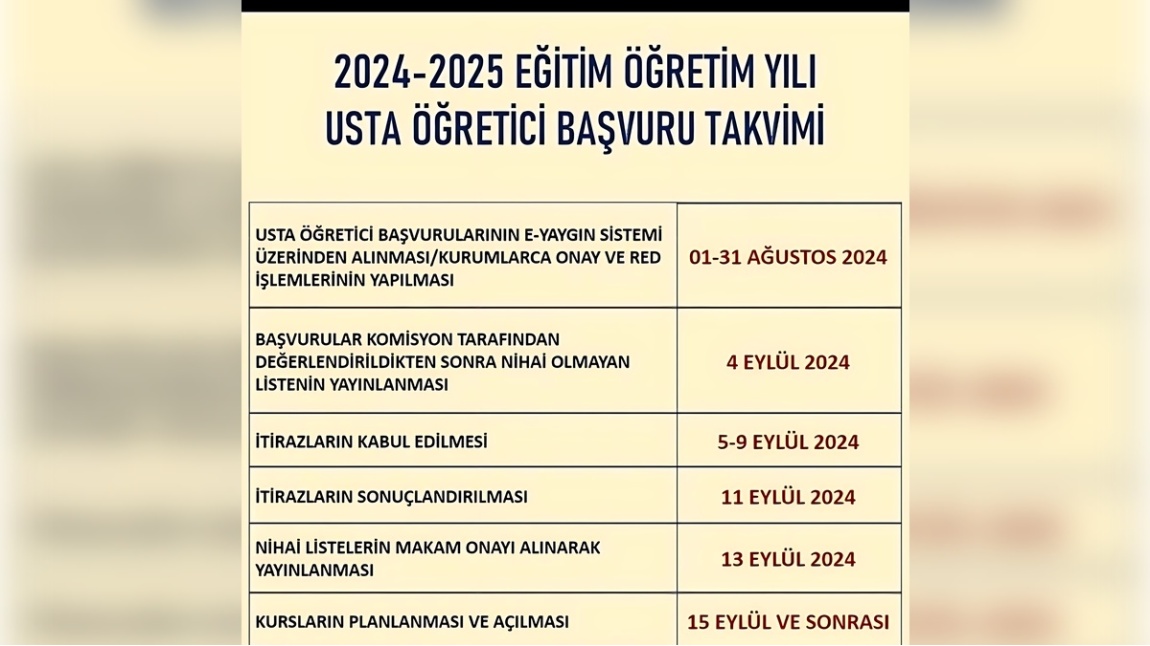 2024-2025 EĞİTİM ÖĞRETİM YILI USTA ÖĞRETİCİ BAŞVURU TAKVİMİ